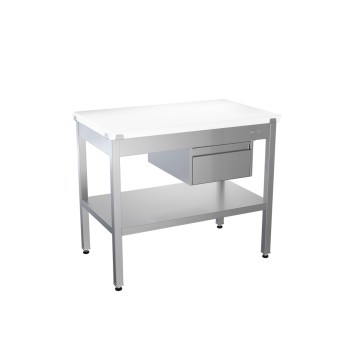 Стол АТЕСИ с полипропиленовой столешницей, 1-й сплошной полкой и 1-м ящиком без борта 1200х600х850 мм